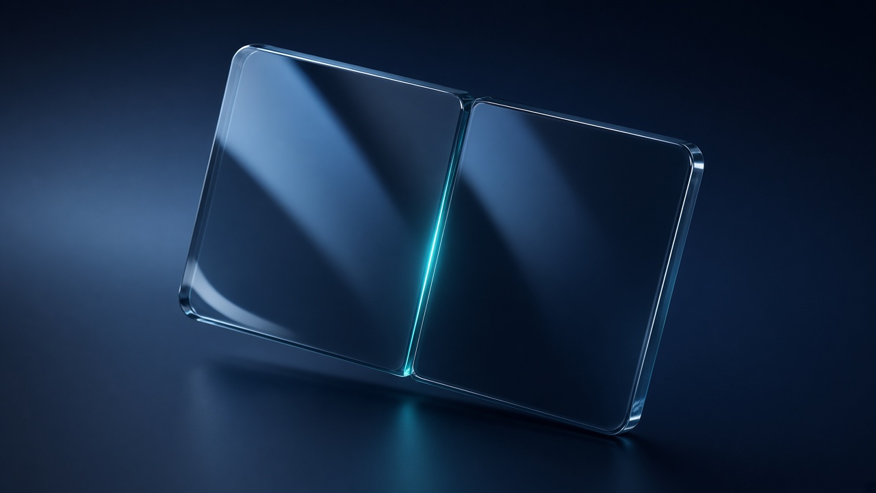 Two interlocking dark glass plates joined by a teal seam of light