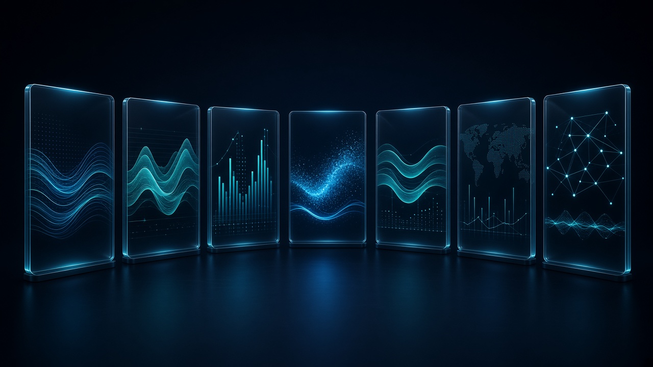 Seven dark glass product modules with teal data traces