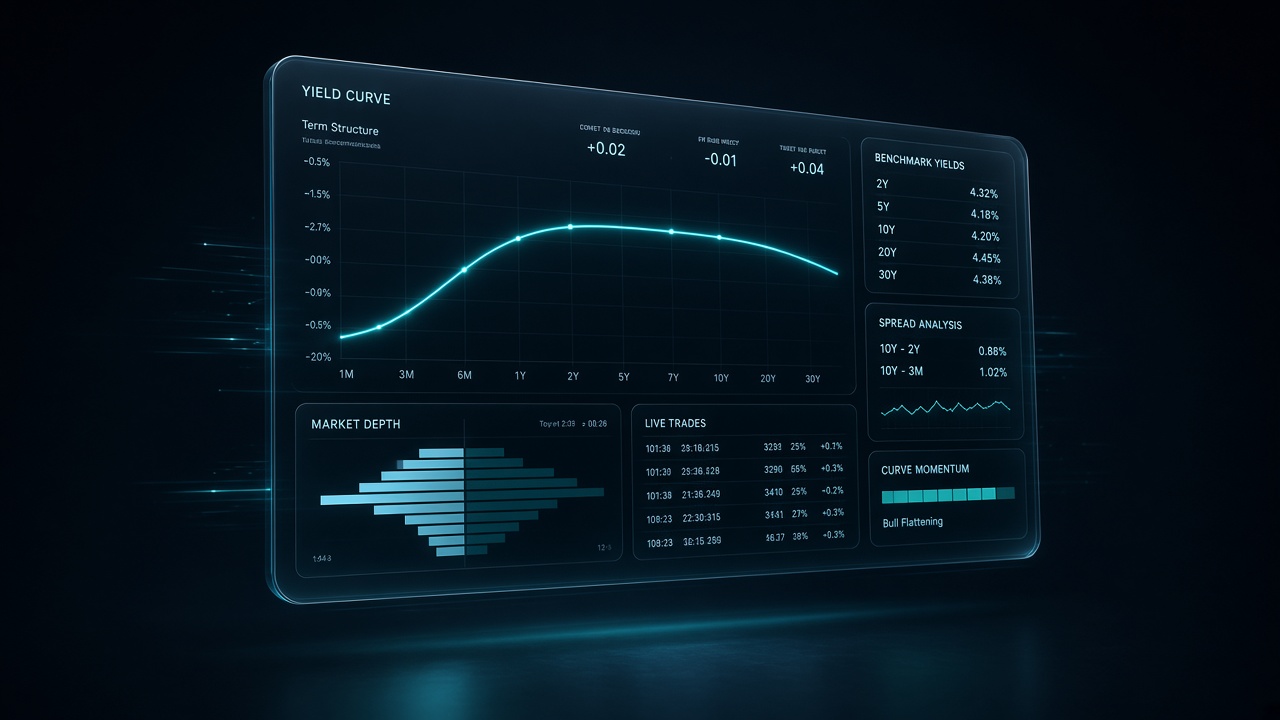 Abstract trading terminal in a dark navy field, teal market data on glass panels